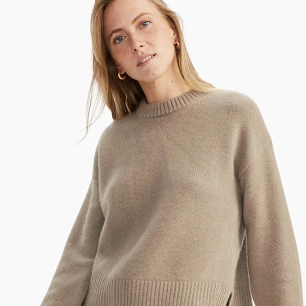 Naadam cashmere fisherman trim crew neck sweater taupe Sz m - Picture 8 of 11